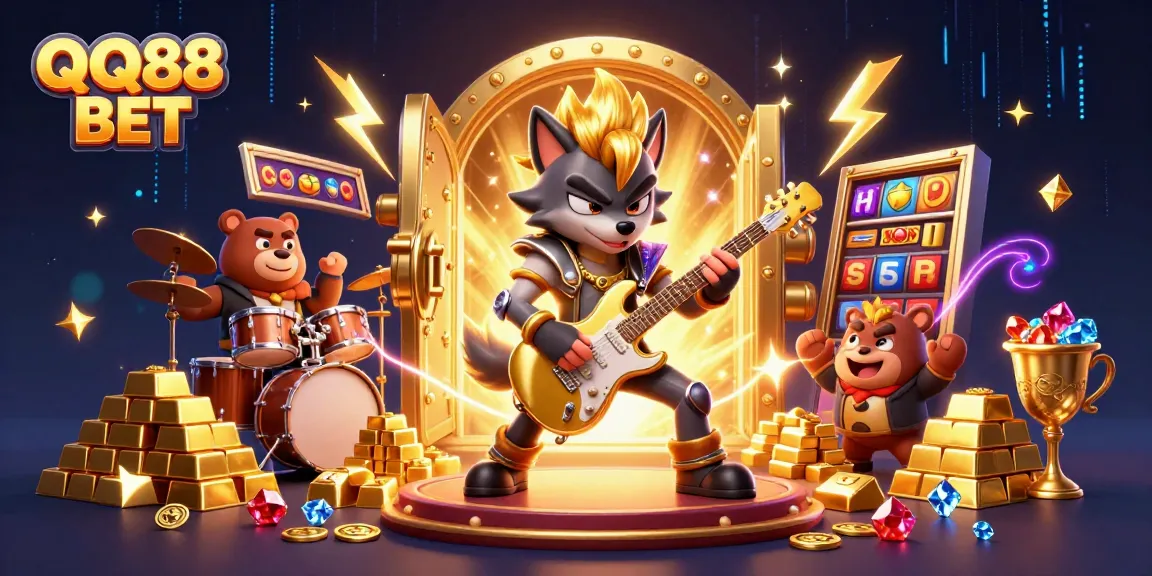 Experience the excitement of QQ88 BET with a rock star wolf and dynamic casino elements.