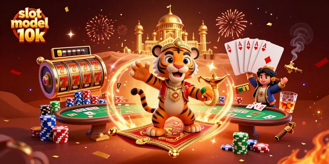 Experience thrills with slot modal 10k, as the vibrant tiger sultan and genie snake celebrate winnings at a dazzling casino scene.