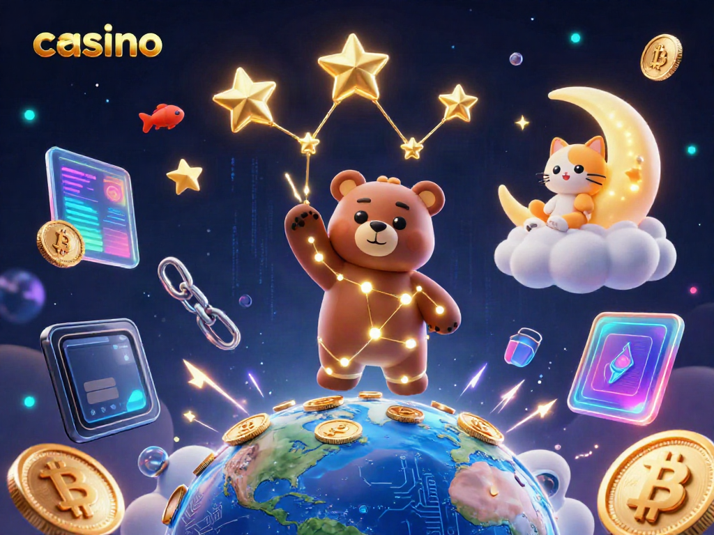 Experience thrilling excitement at the casino with a constellation bear scooping coins amidst vibrant elements.