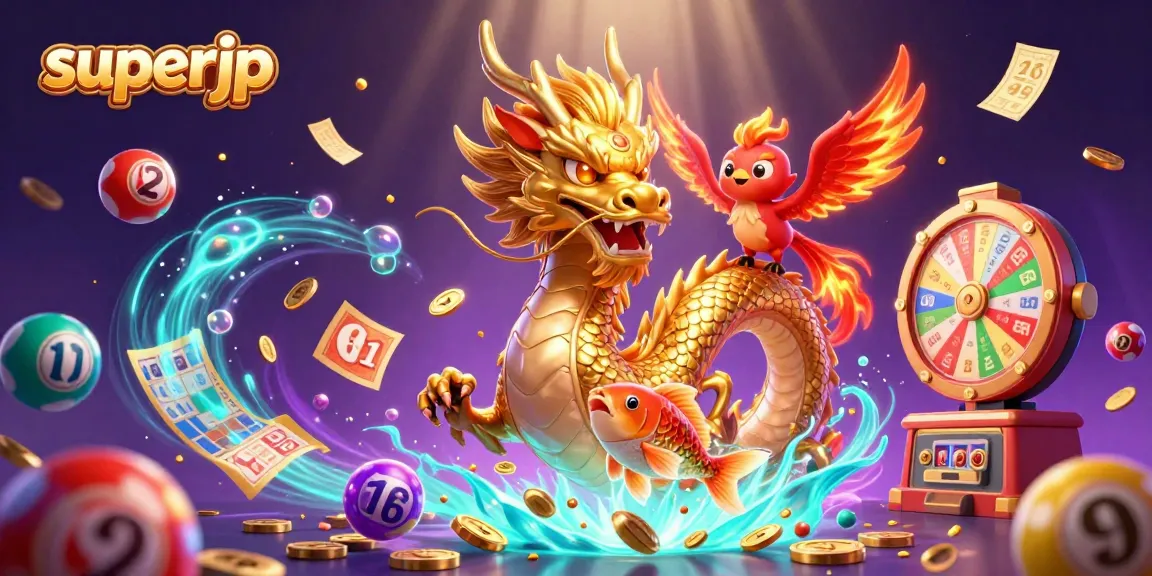 Engage with superjp in this vibrant casino scene filled with lucky symbols and visual excitement.
