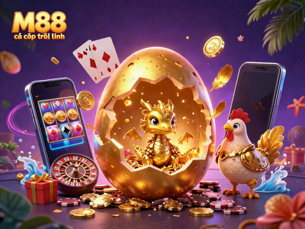 Cảnh bùng nổ từ M88 cá cược trực tuyến với rồng vàng chói lọi trên một tổ chip poker.