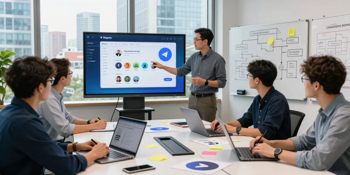 Developers discussing telegram官网 features in a modern office
