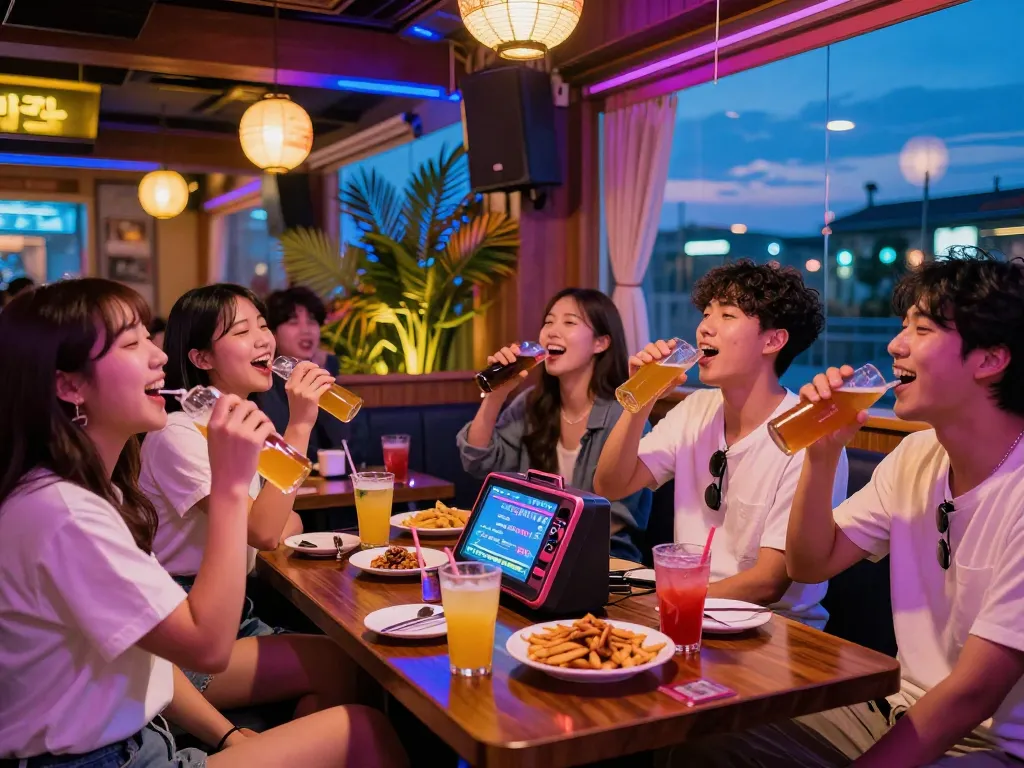 Friends enjoying 제주도유흥 nightlife in a lively karaoke bar with colorful lights and tropical decor.