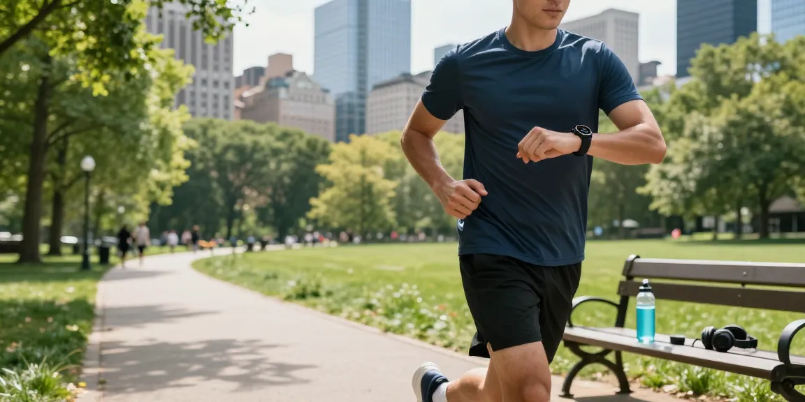 Pengguna Fitbit Luxe dari https://www.polarfitbitshop.com/fitbit-luxe/ berolahraga di taman kota, memeriksa statistik kebugaran dengan latar belakang gedung tinggi.