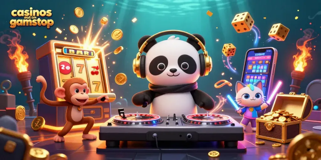 Engage with vibrant action at casinos not on gamstop with a DJ panda turning roulette wheels amidst explosive jackpots and colorful gaming.