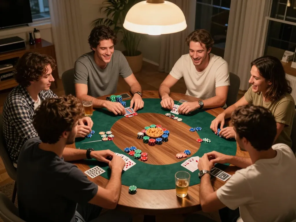 Engaged friends enjoying online casinos in Canada reddit during a home poker night.