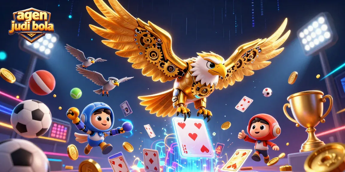 A gambling action scene featuring an agen judi bola with a golden eagle amidst sports balls and betting slips.