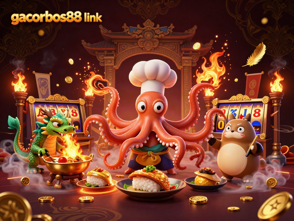 Spin the slots with gacorbos88 link: vibrant 3D illustration of a sushi chef octopus creating dishes.