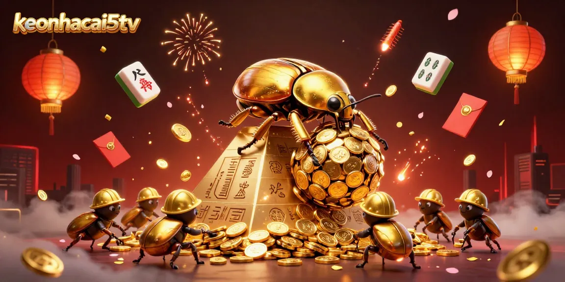 Engage with keonhacai5tv's thrilling gaming scene featuring golden beetles, casino symbols, and festive elements.