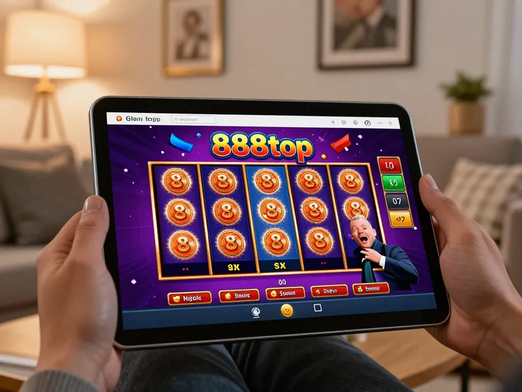 Engaging player enjoying 888top game on tablet at home, highlighting fun and responsible gaming.