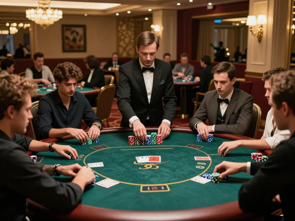 Open88 players engaged in a strategic poker game, highlighting intense gameplay and luxury casino atmosphere.