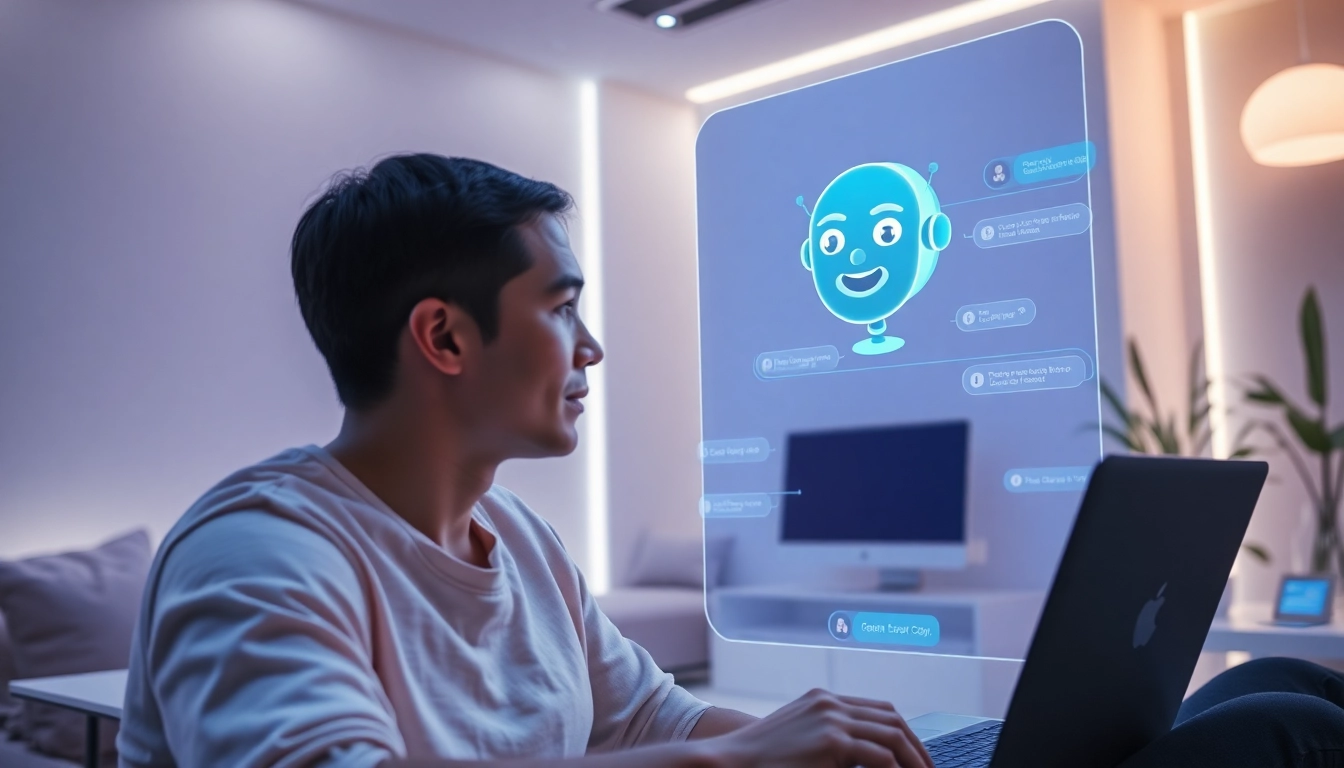 Engaging AI sex chat interaction showing a user conversing with a friendly holographic chatbot in a modern setting.