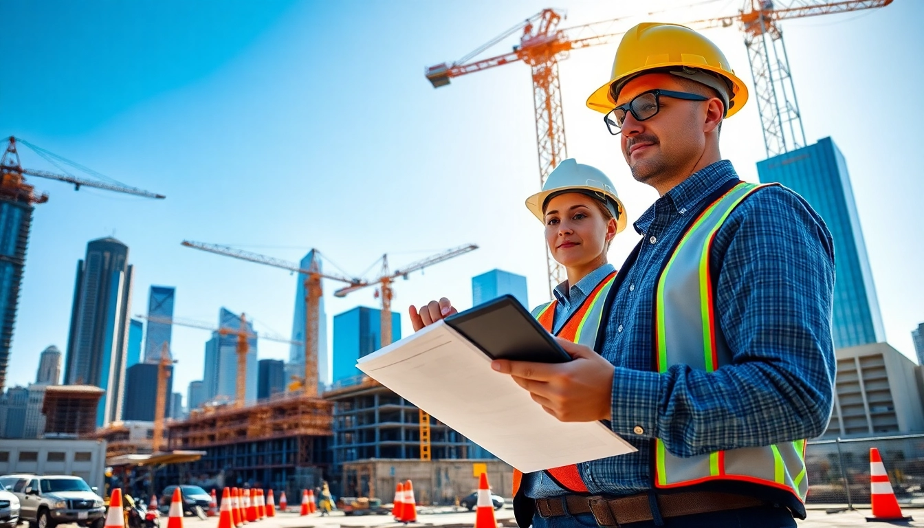 Manhattan Construction Manager directing a busy construction site in NYC with blueprints and tablet.