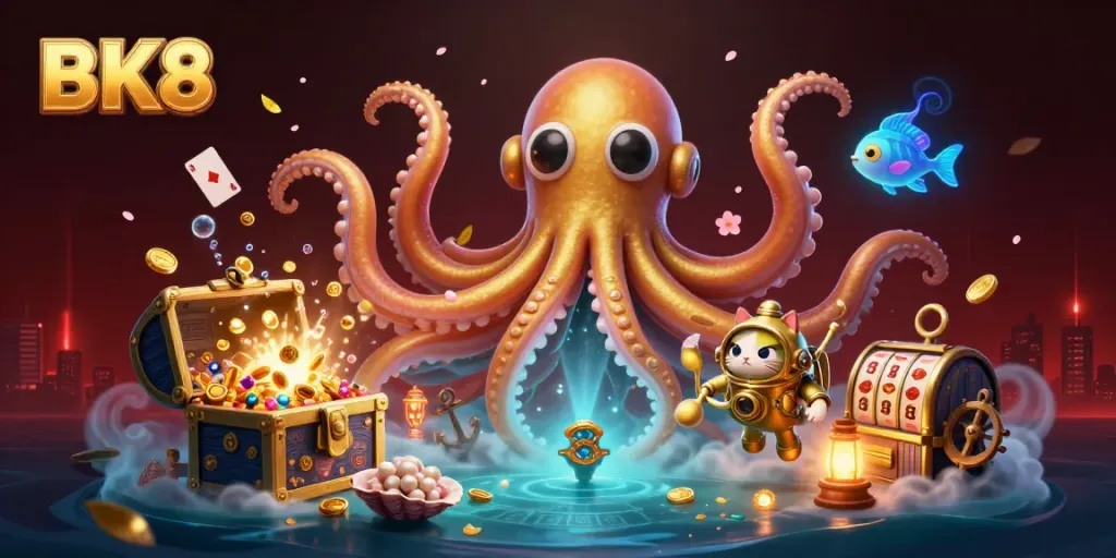 Experience the thrill of BK8 with a vibrant casino-themed ocean adventure featuring a golden kraken and treasure.
