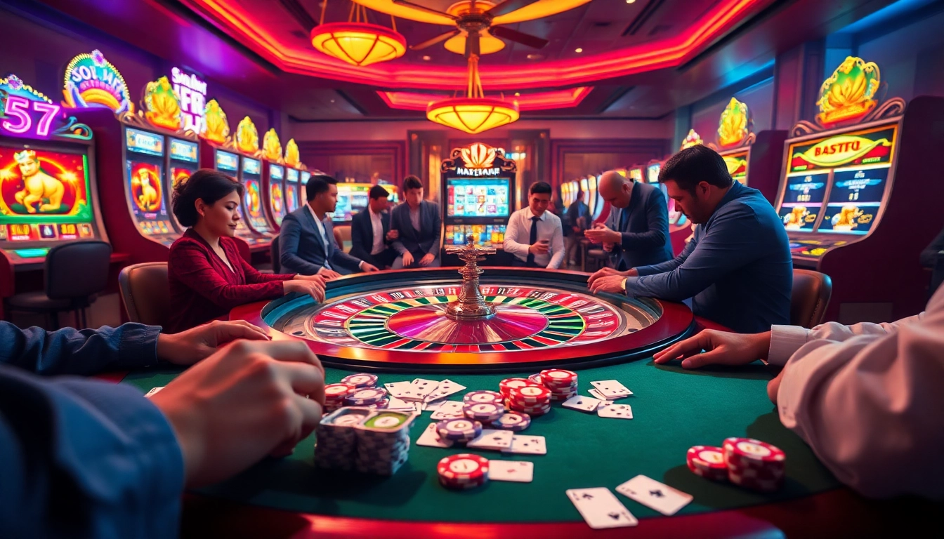 Experience the thrill of 'slot demo mahjong' at an exciting casino table filled with eager players and vibrant slot machines.
