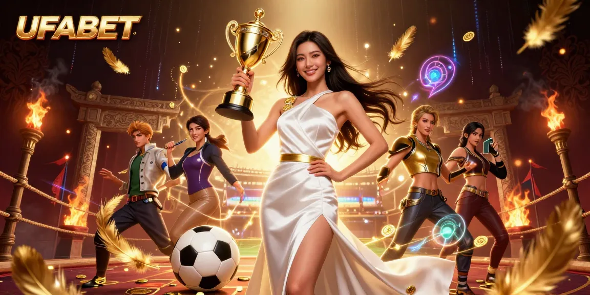 Win big at UFABET with an illustration of a confident woman holding a trophy amidst dynamic sports betting elements.