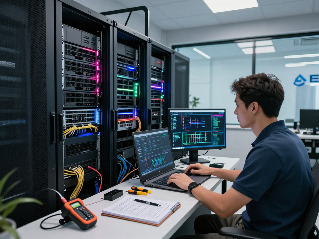 Servidor VPS en centro de datos moderno con técnico trabajando.