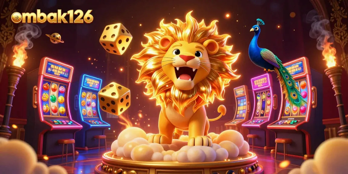 Engage with ombak126's vibrant casino world featuring animated characters, slot machines, and golden dice.