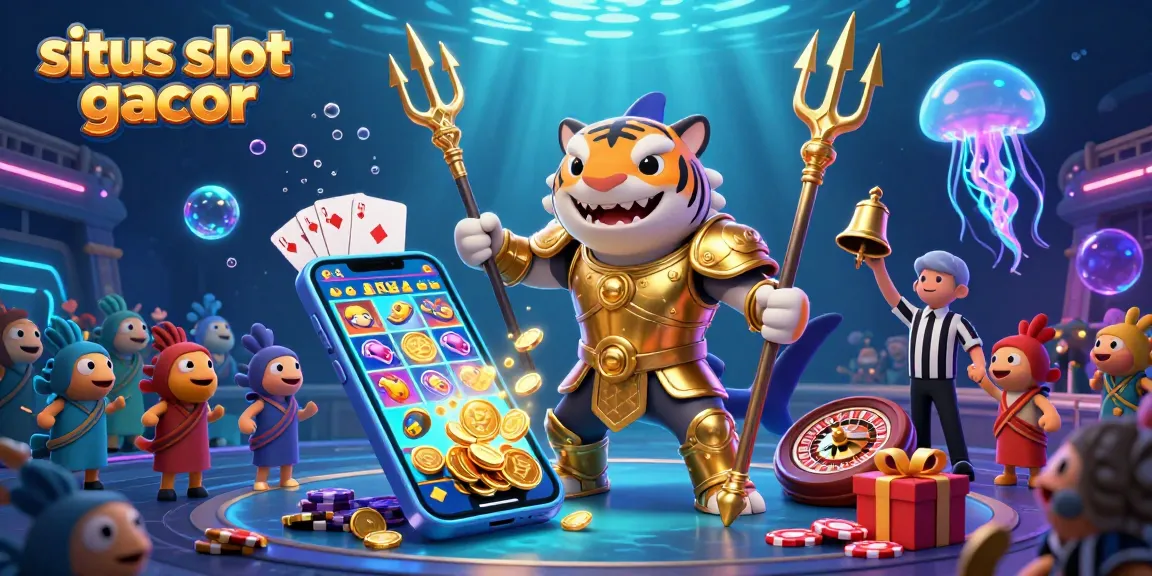 Engage with the situs slot gacor in an energetic underwater gladiator scene featuring a shark warrior.