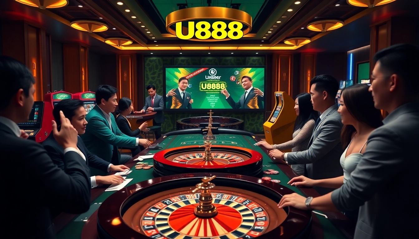 Players enjoying a live dealer game at U888's vibrant online casino, showcasing excitement and professionalism.