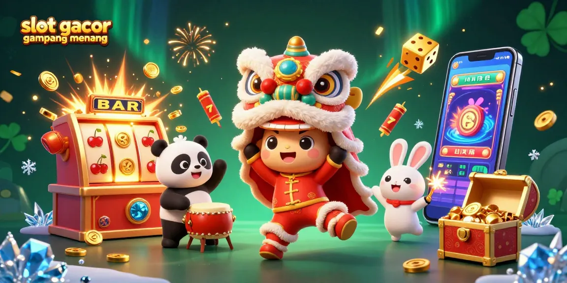 Slot gacor gampang menang, ilustrasi 3D menampilkan pertunjukan tarian singa, panda, dan kelinci di kasino yang penuh dengan jackpot.