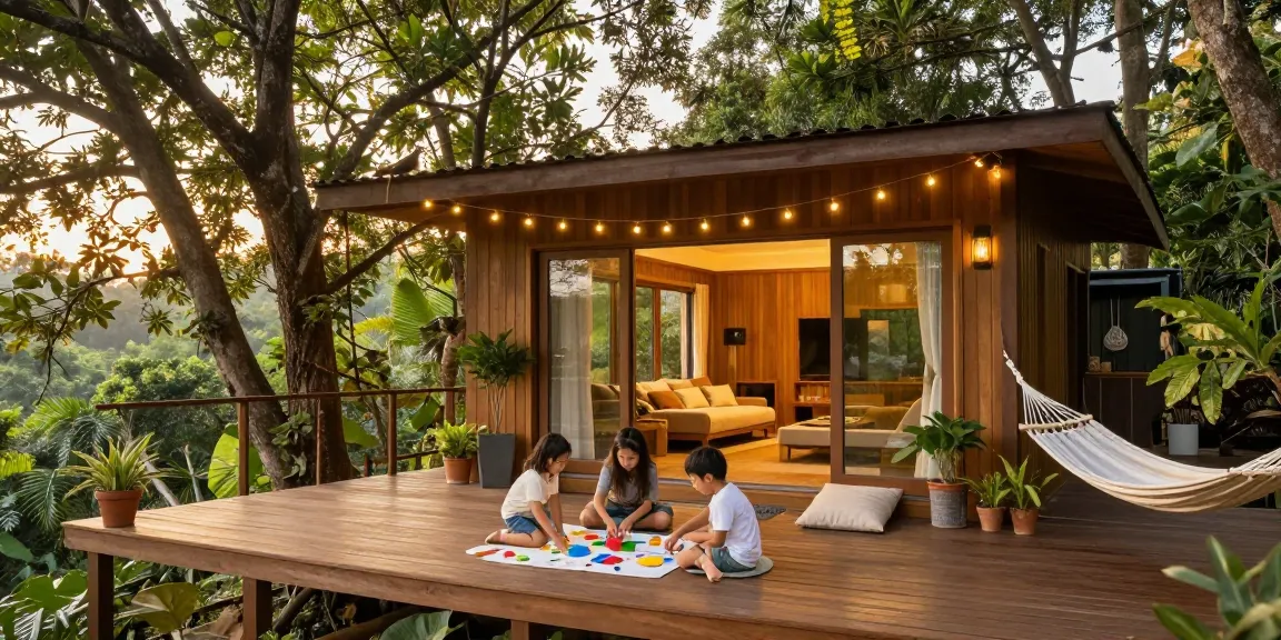 Family enjoying tree house life together on a wooden deck surrounded by nature.