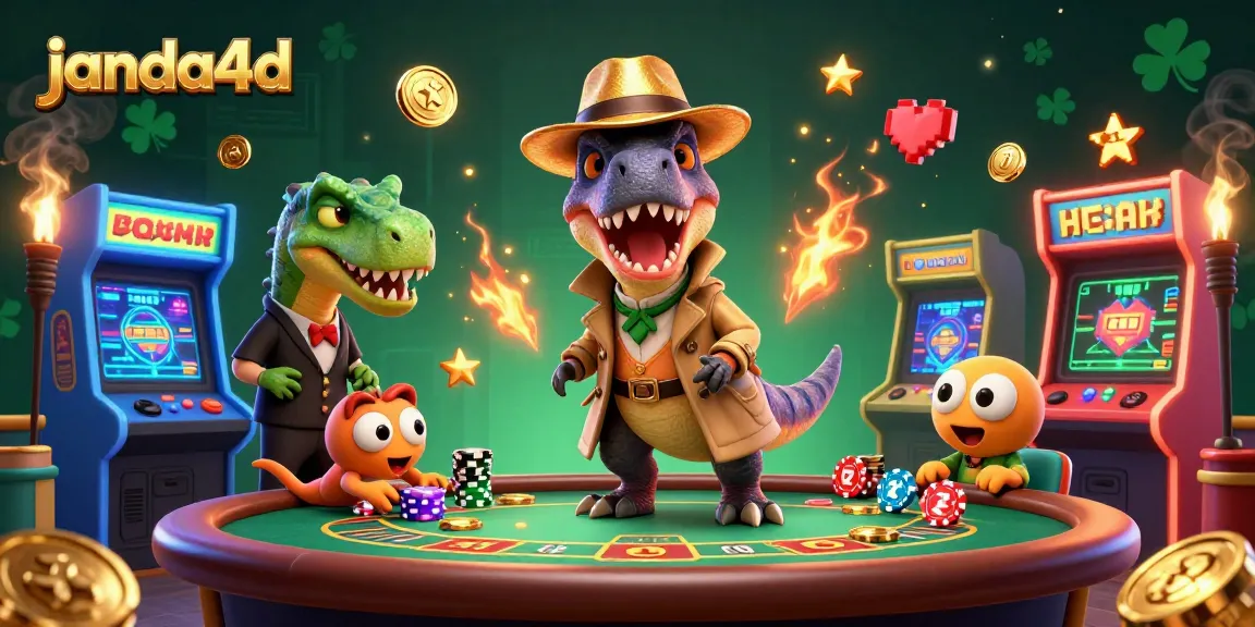janda4d membawa keseruan blackjack dengan karakter velociraptor di meja kasino yang meriah.