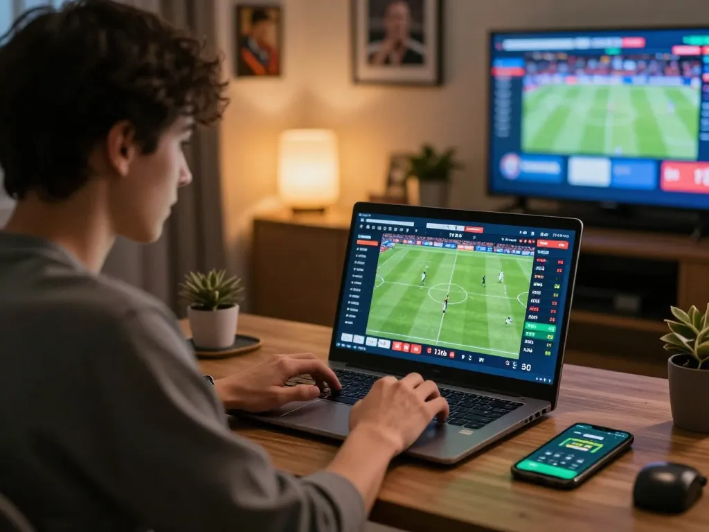 Person engaged in live betting on 888top, focused on the laptop displaying sports odds and strategies.