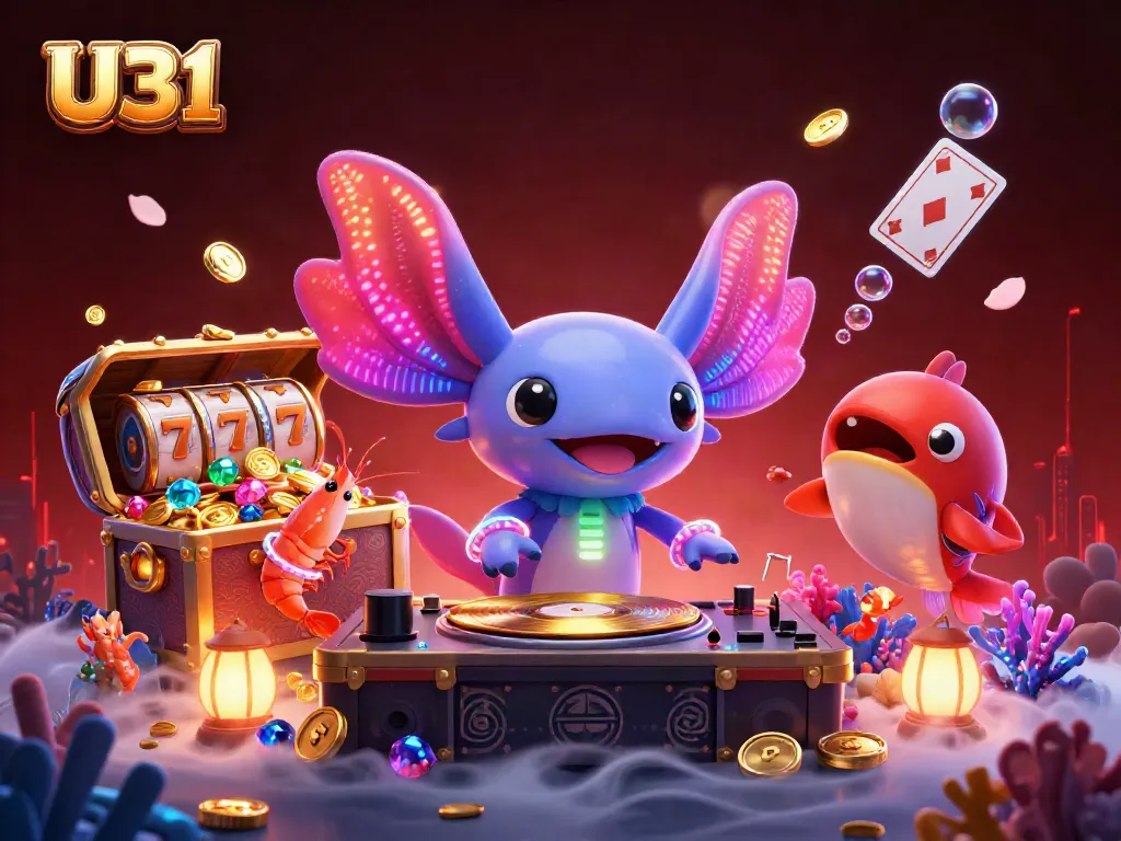 U31 undersea casino scene featuring an axolotl DJ, vibrant shrimp dancers, and floating slot reels.