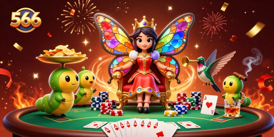 Engage with the vibrant world of 566 casino, featuring a butterfly queen and poker elements in a dynamic 3D scene.