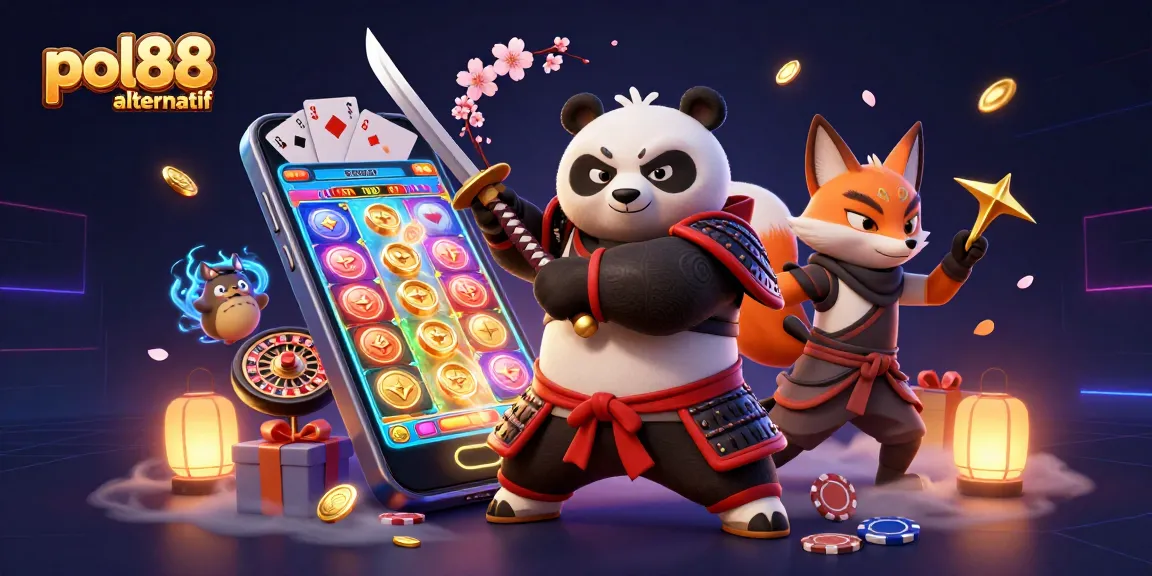 Ilustrasi pol88 alternatif dengan panda samurai, rubah ninja, dan tanuki di kasino 3D