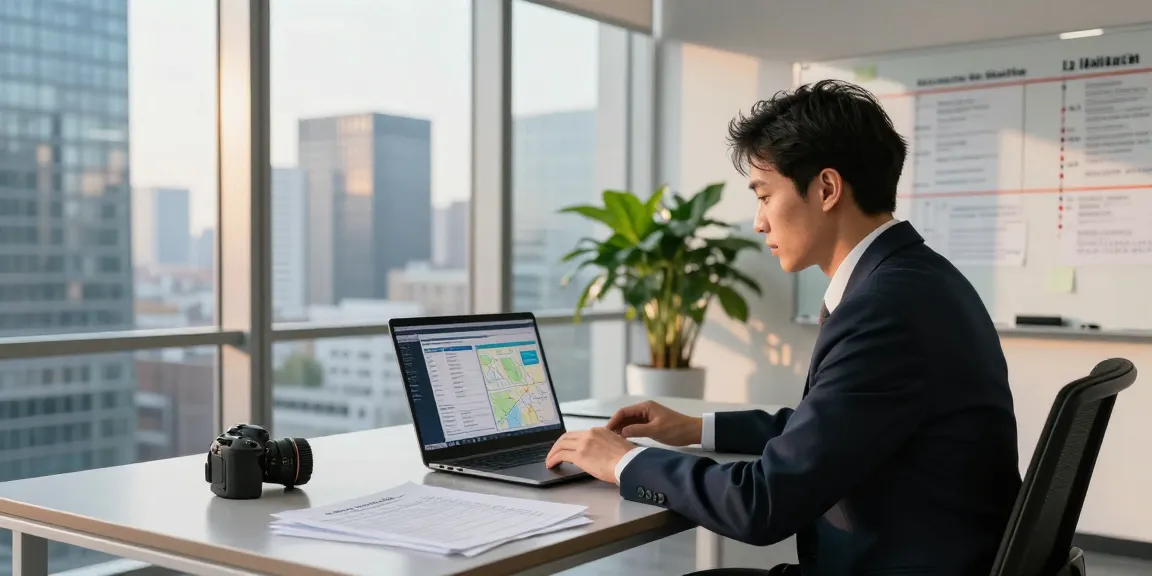 Focused business professional conducting asset tracing analysis at a modern law office with financial data on display.