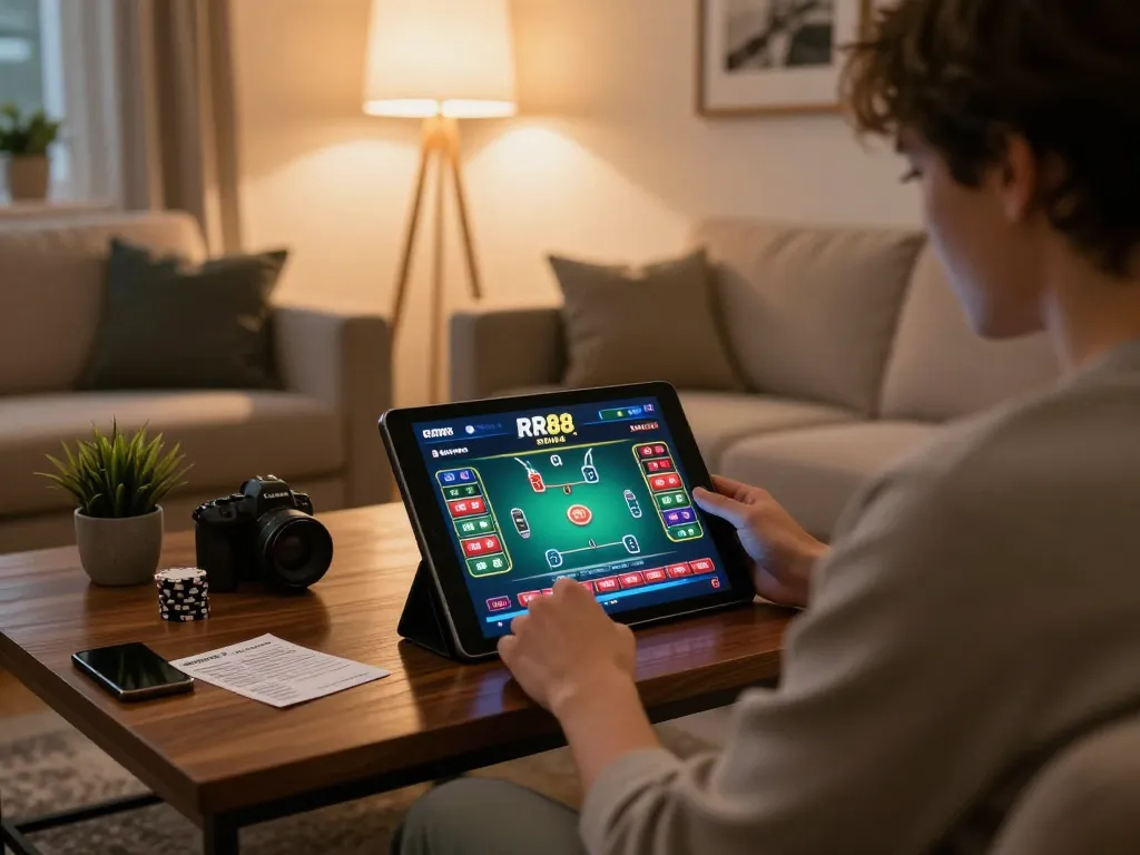 Engaging with RR88 KJC online casino from a cozy living room, demonstrating strategic gaming