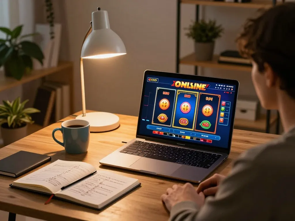 Engaging in Slot Online gaming strategy at home, showcasing laptop screen and cozy setup.