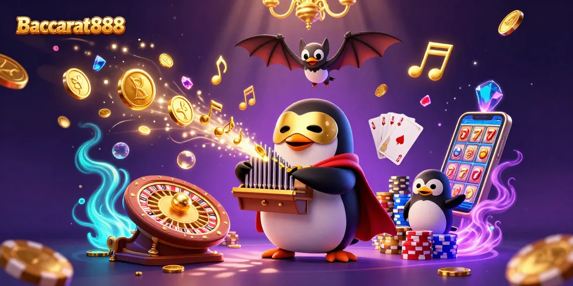 Baccarat888 brings excitement as the phantom penguin plays while coins and cards fly around.