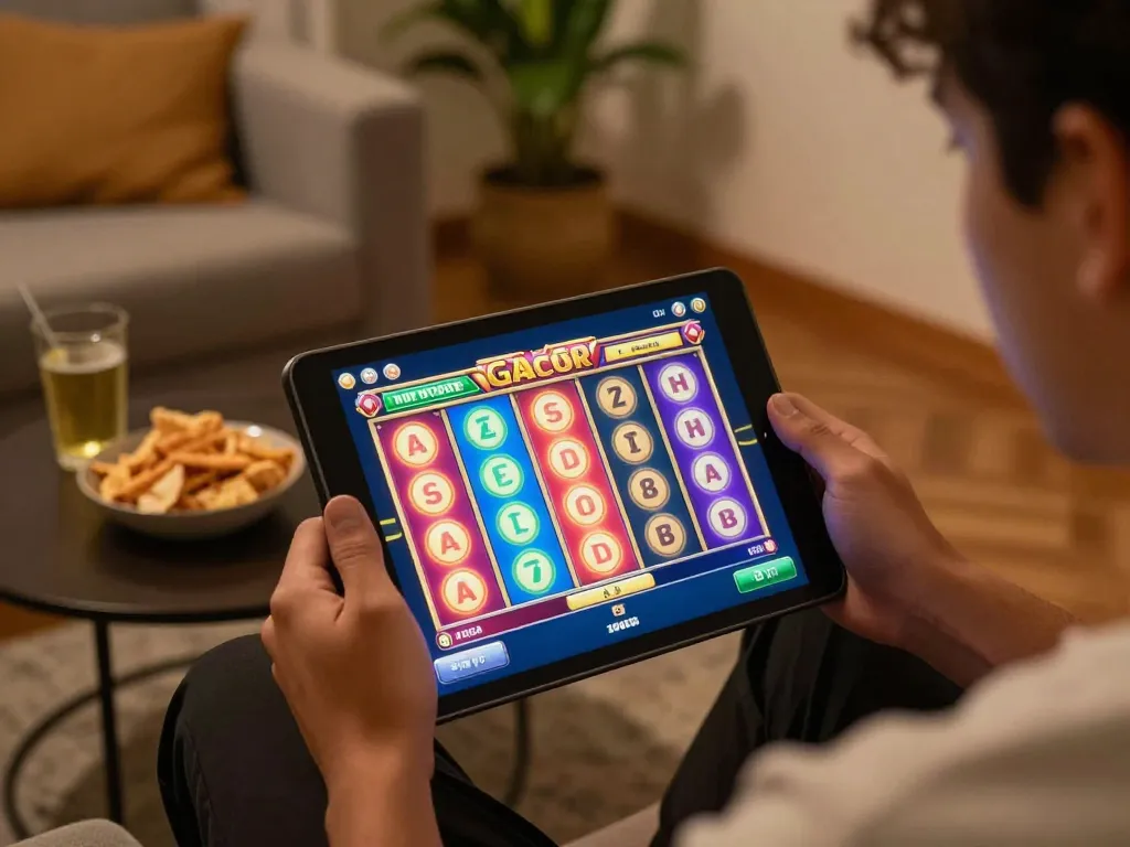Engaging player enjoying slot gacor games on tablet at home with cozy ambiance