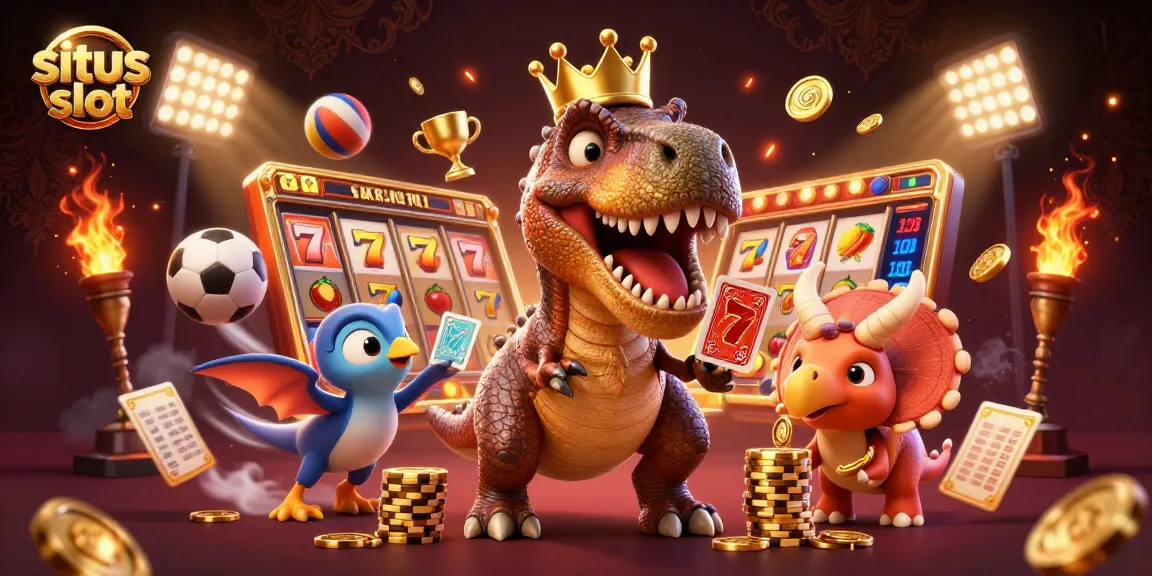 Engage with situs slot excitement as a T-Rex and friends shuffle cards and stack chips amid dynamic game elements.