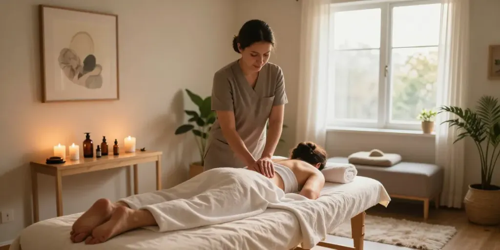 Relaxing 은평구출장마사지 therapy room with warm morning light and aromatic setup.
