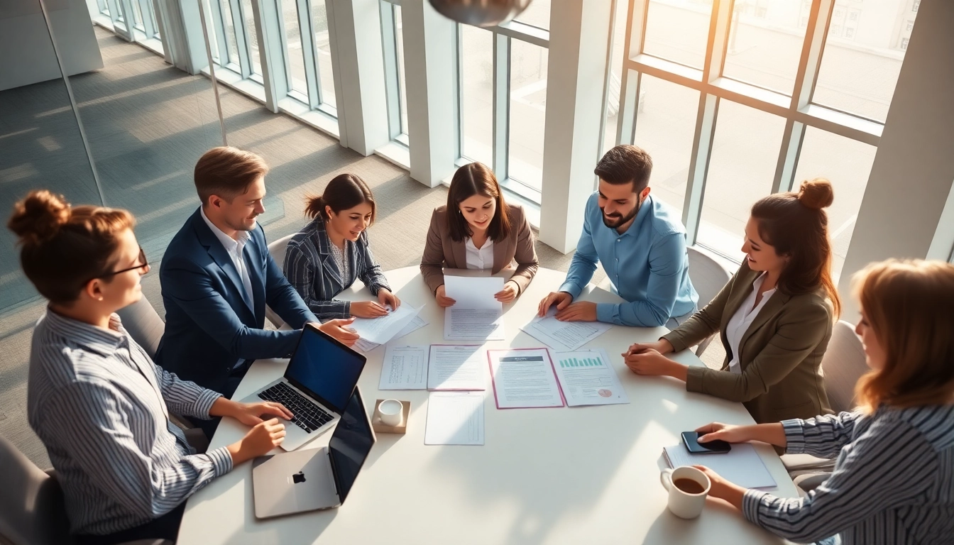 Engaged team collaborating on Contract Management strategy in a bright office environment.
