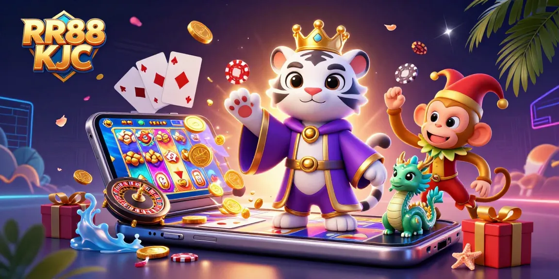 Experience the excitement of RR88 KJC with a vibrant casino scene featuring a white tiger, monkey, and dragon amidst gaming elements.