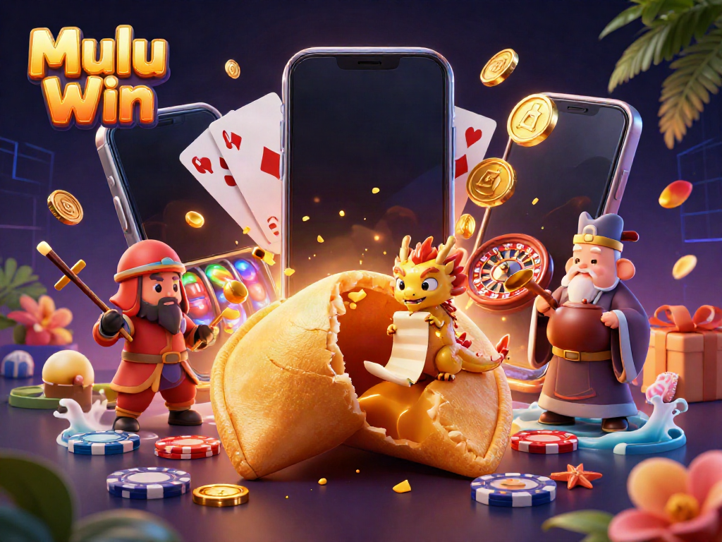 Mulu Win engages players with captivating slot games, surrounded by fortune cookies and treasures.
