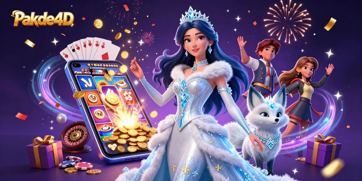 Win big with Pakde4D: A dazzling 3D casino scene featuring vibrant slot games and festive elements.