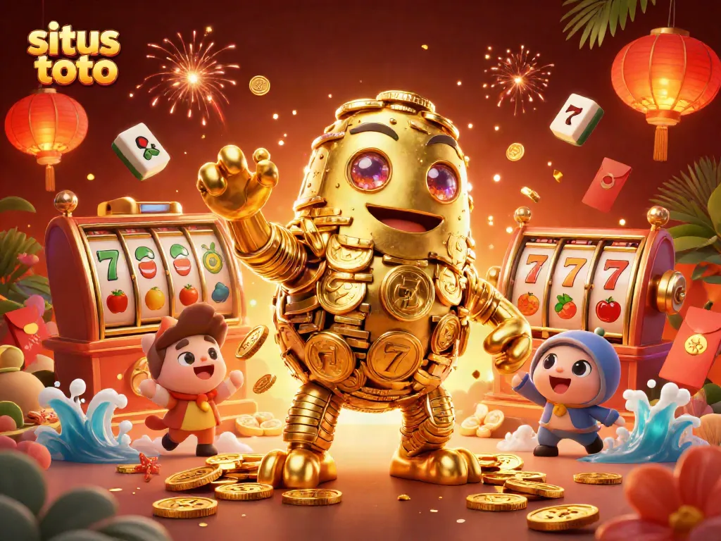 Engage in situs toto gaming with a vibrant scene of 3D characters, slot reels, and festive decorations.