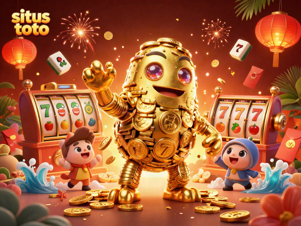 Engage in situs toto gaming with a vibrant scene of 3D characters, slot reels, and festive decorations.