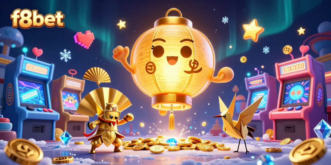 Engage in exciting gaming at f8bet with a colorful 3D illustration of lantern spirits and arcade machines.
