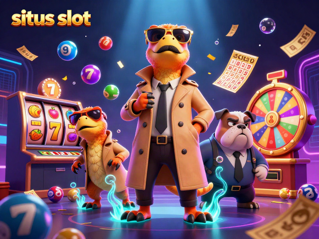 Join the excitement at situs slot with raptors in a trench coat trying to enter a casino VIP lounge surrounded by slot elements.
