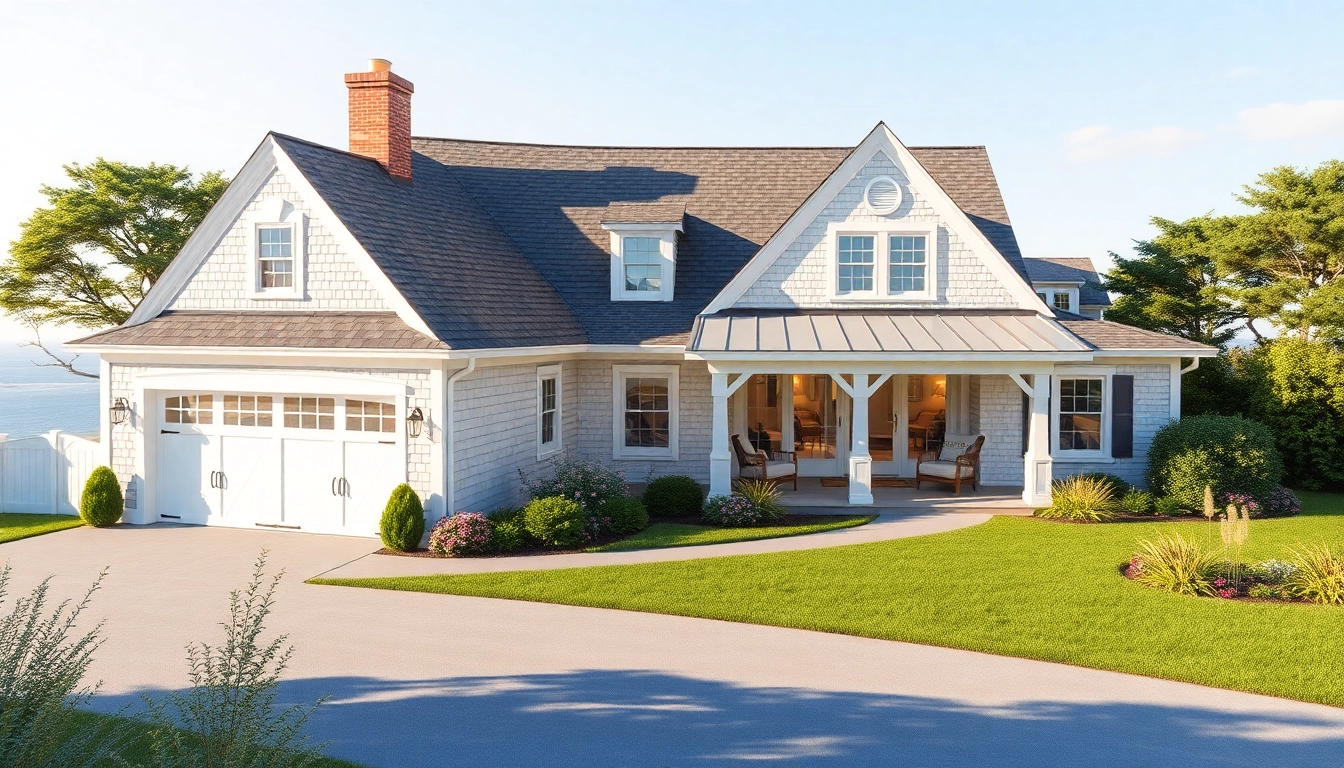 Beautiful Cape Cod home addition with attached garage amidst coastal scenery.