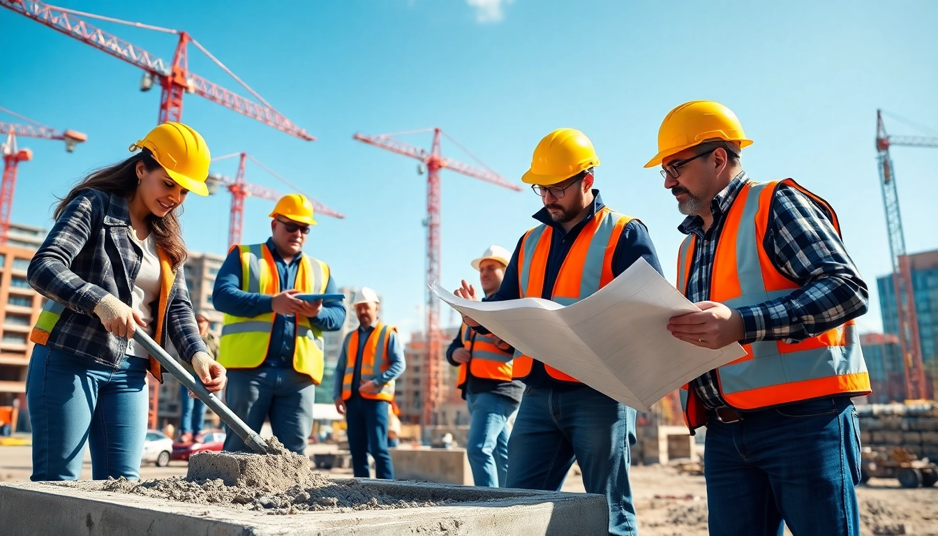 Construction career professionals collaborating on a vibrant job site with cranes.