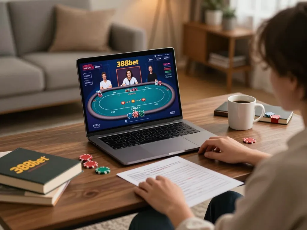 Engaged player using 388bet for online poker with strategic notes at home