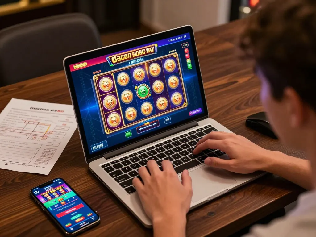 Engaging in slot gacor siang ini through a vibrant online gaming setup at home, highlighting dynamic gameplay.